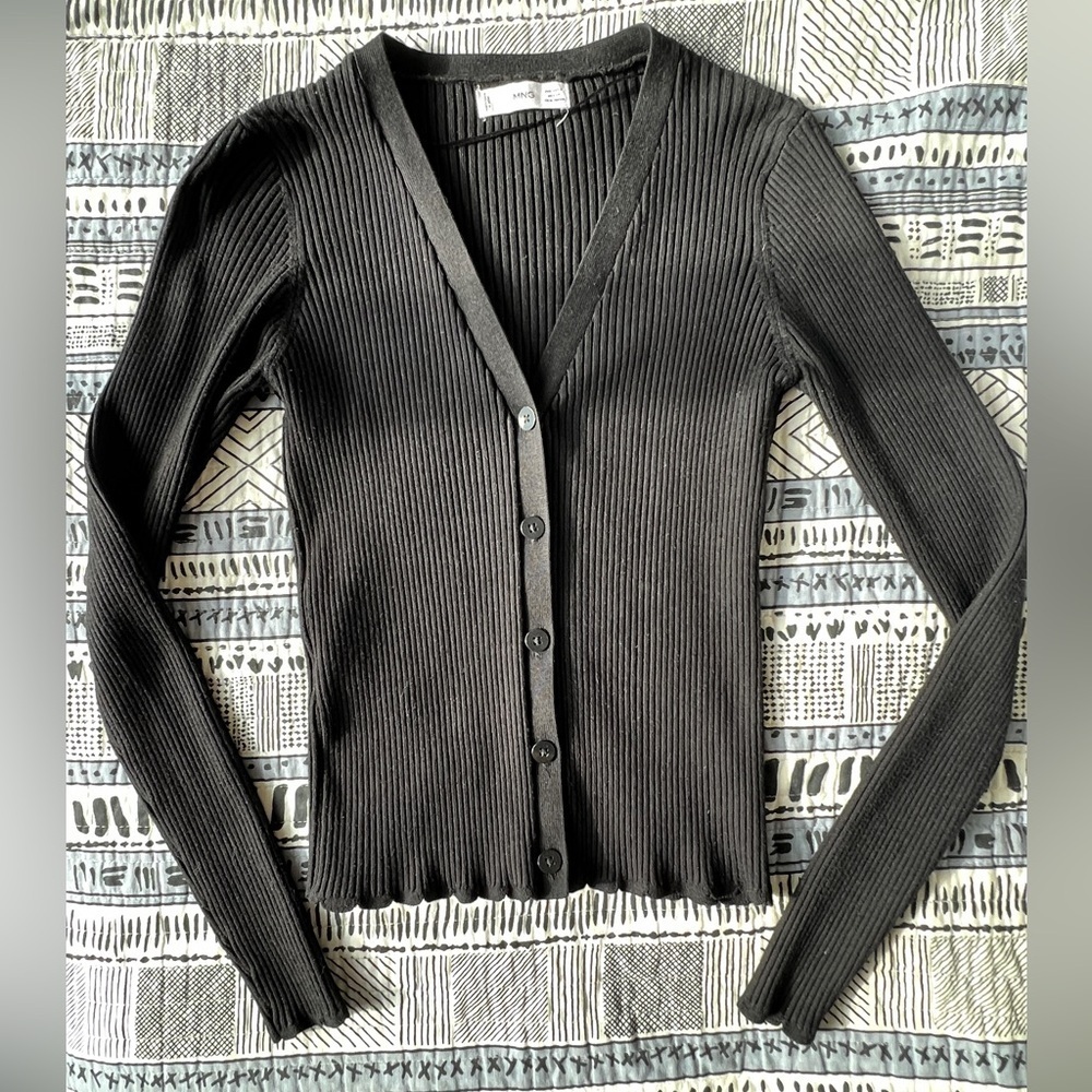 Mango Womens Black Ribbed V-Neck Preppy Minimalist Capsule Cardigan Small